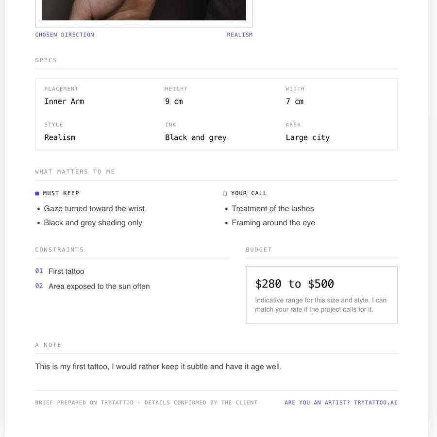 Bottom of a tattoo brief: specs table (inner arm, 9 cm by 7 cm, realism, black and grey), must-keep and your-call columns, flagged constraints and a budget of 280 to 500 dollars.