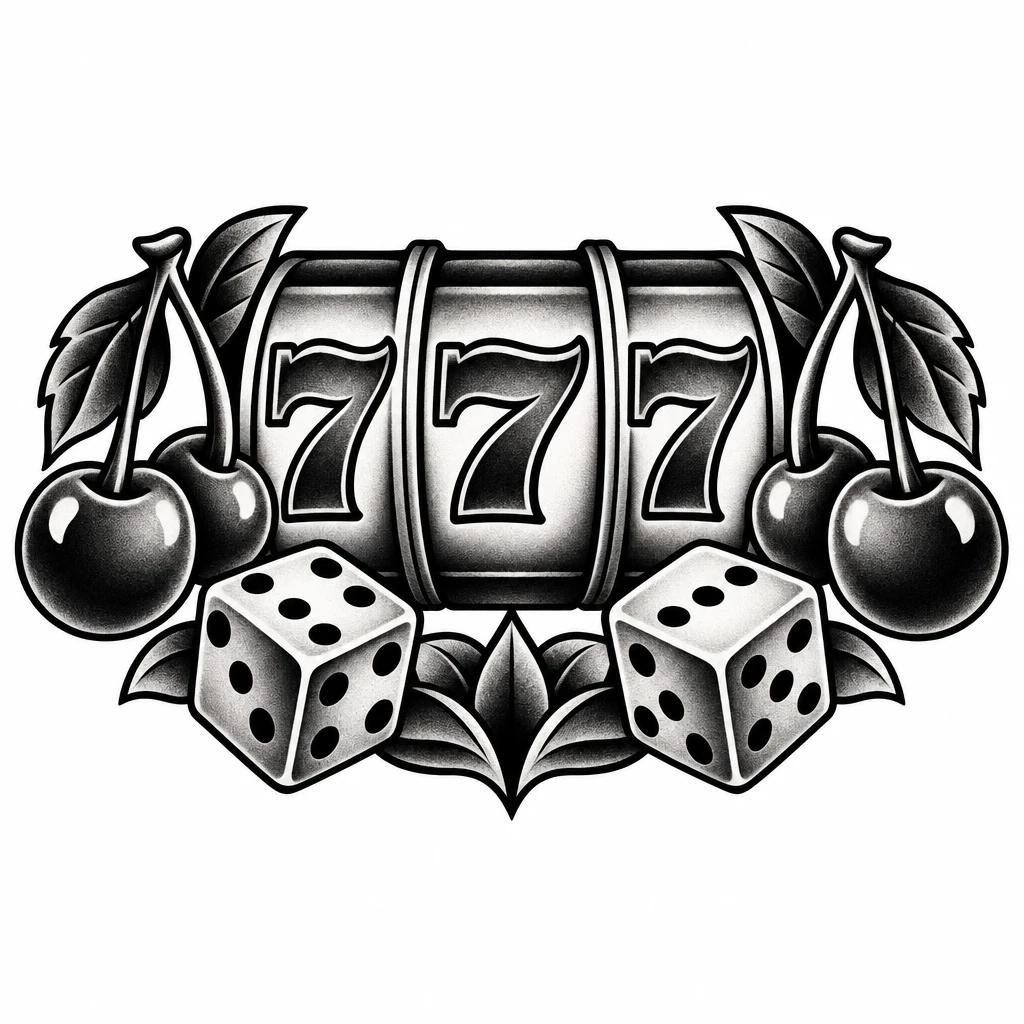 Old school 777 tattoo design: a slot machine reel showing three sevens, framed by cherries and dice