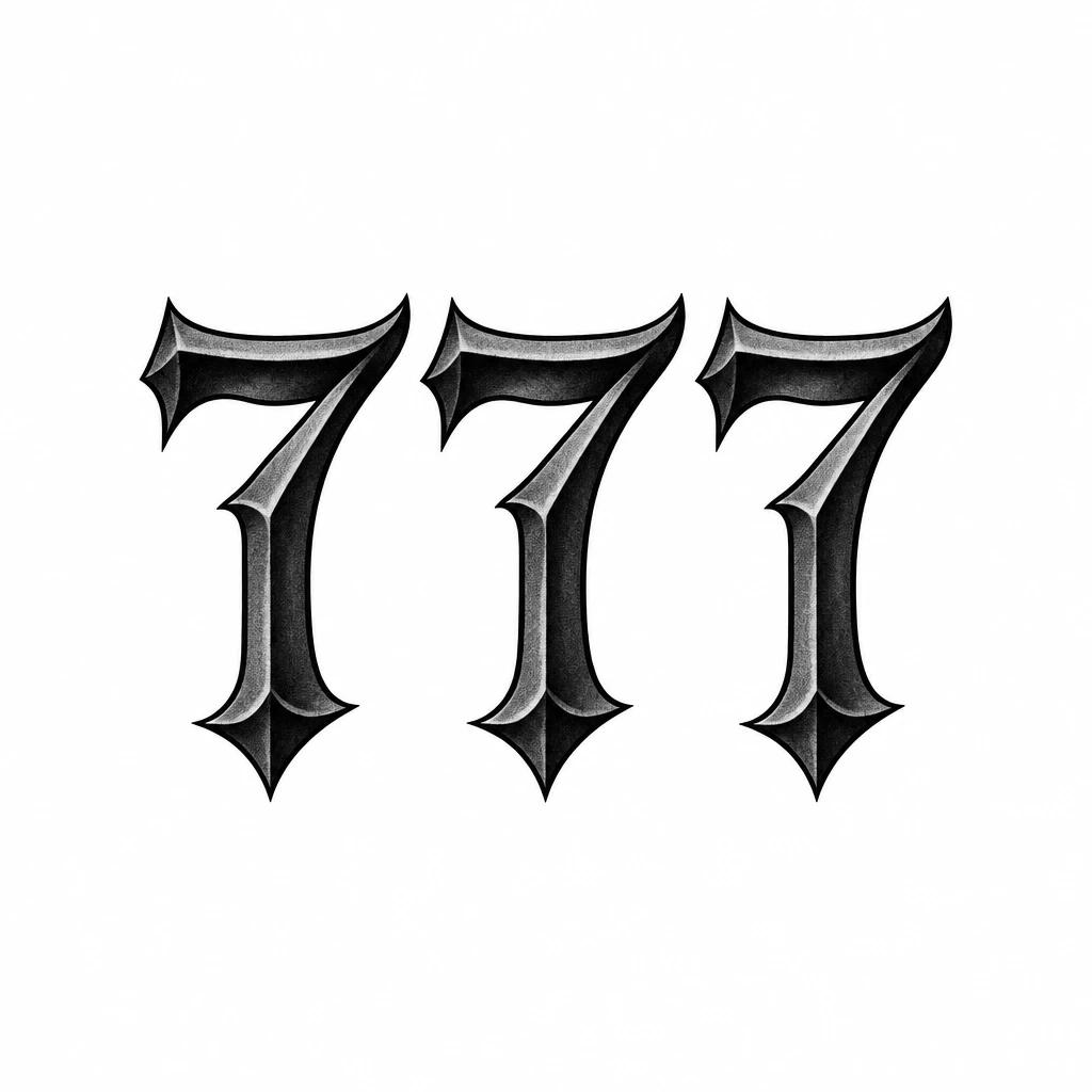 777 tattoo design in gothic blackletter numerals, angular and bold