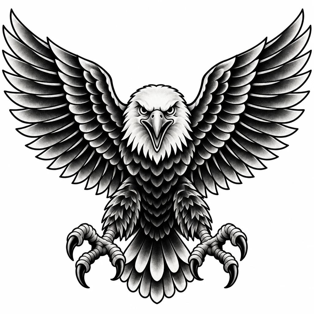 Old school eagle tattoo design seen from the front, wings widely spread and talons open
