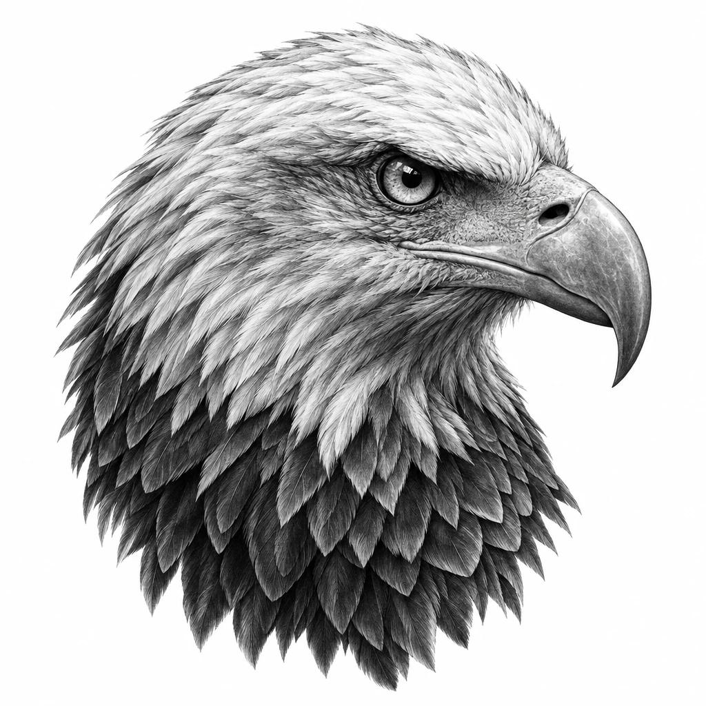 Eagle head tattoo design in black and grey realism, piercing gaze and detailed feathers