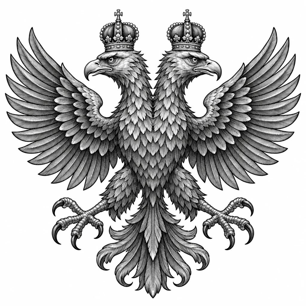 Heraldic double-headed eagle tattoo design, two crowned heads facing opposite directions