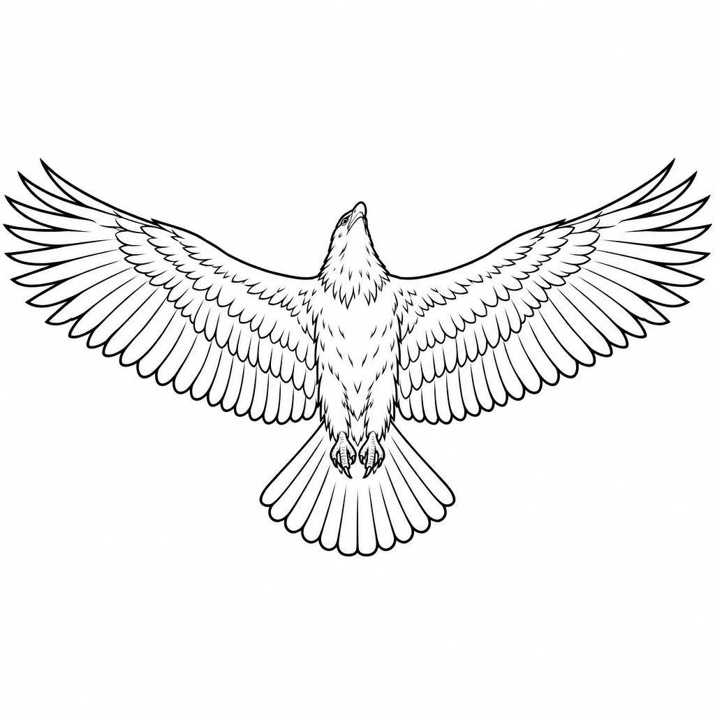 Fine-line eagle tattoo design, a soaring silhouette seen from below with wings spread