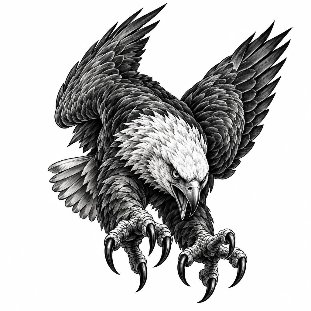 Tattoo design of an eagle diving, wings swept back and talons thrust forward