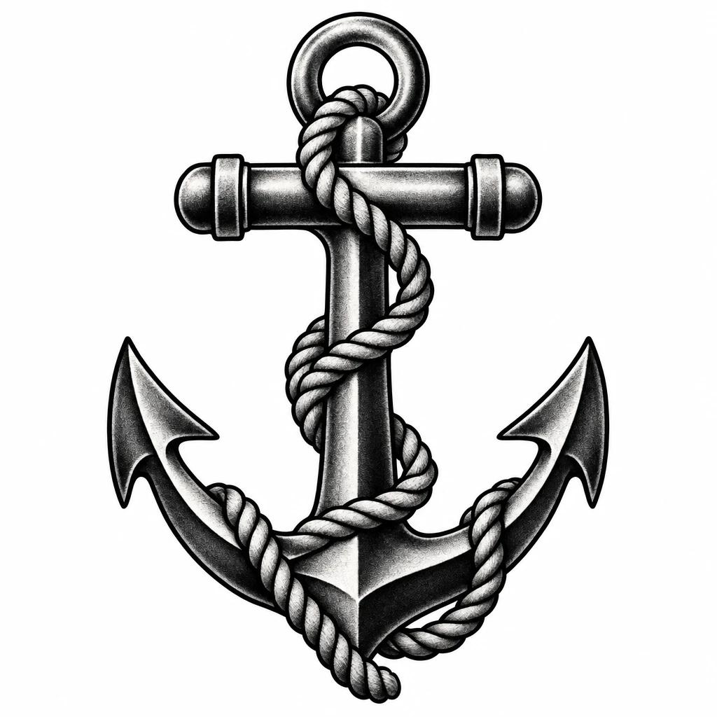 Old school ship anchor tattoo design wrapped in coiled rope, thick black outlines