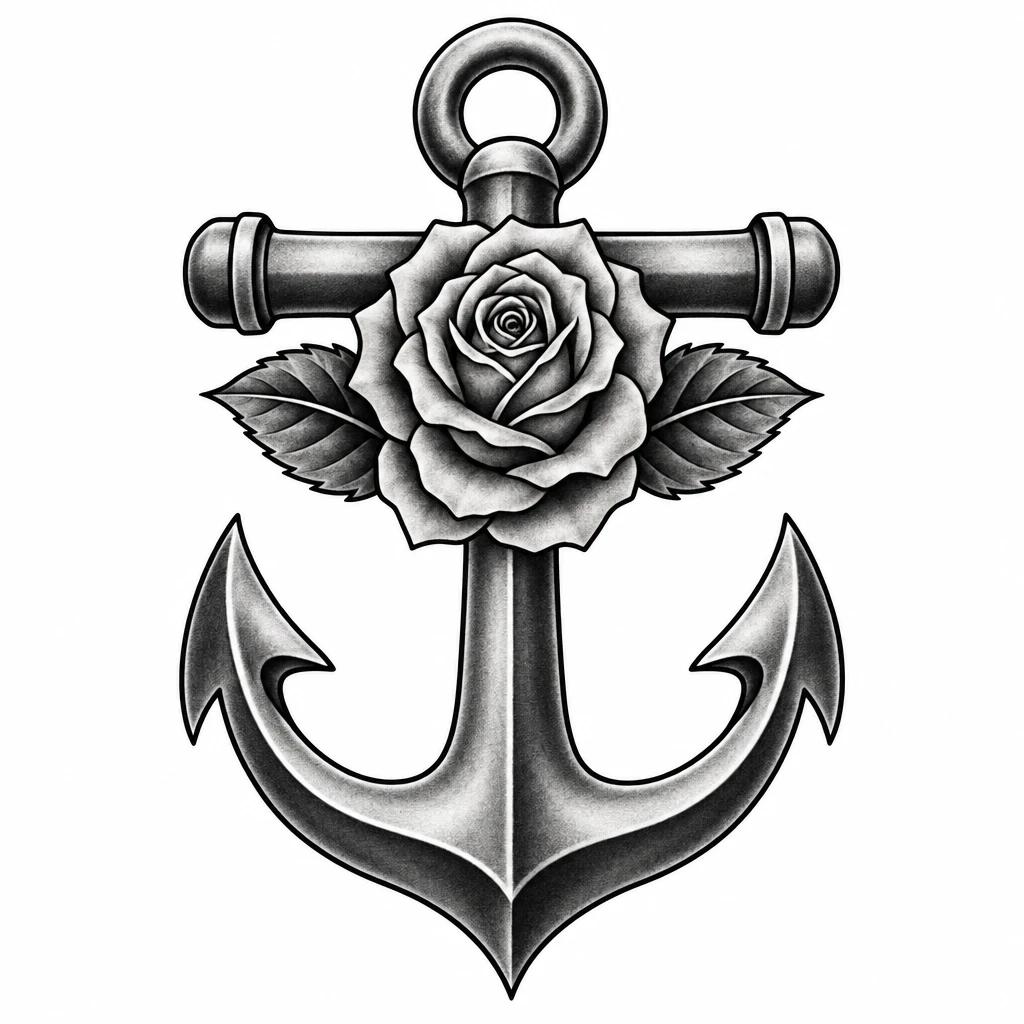 Ship anchor tattoo design with a blooming rose at its centre and two leaves