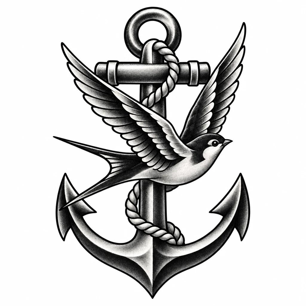 Ship anchor tattoo design crossed by a swallow in flight with spread wings