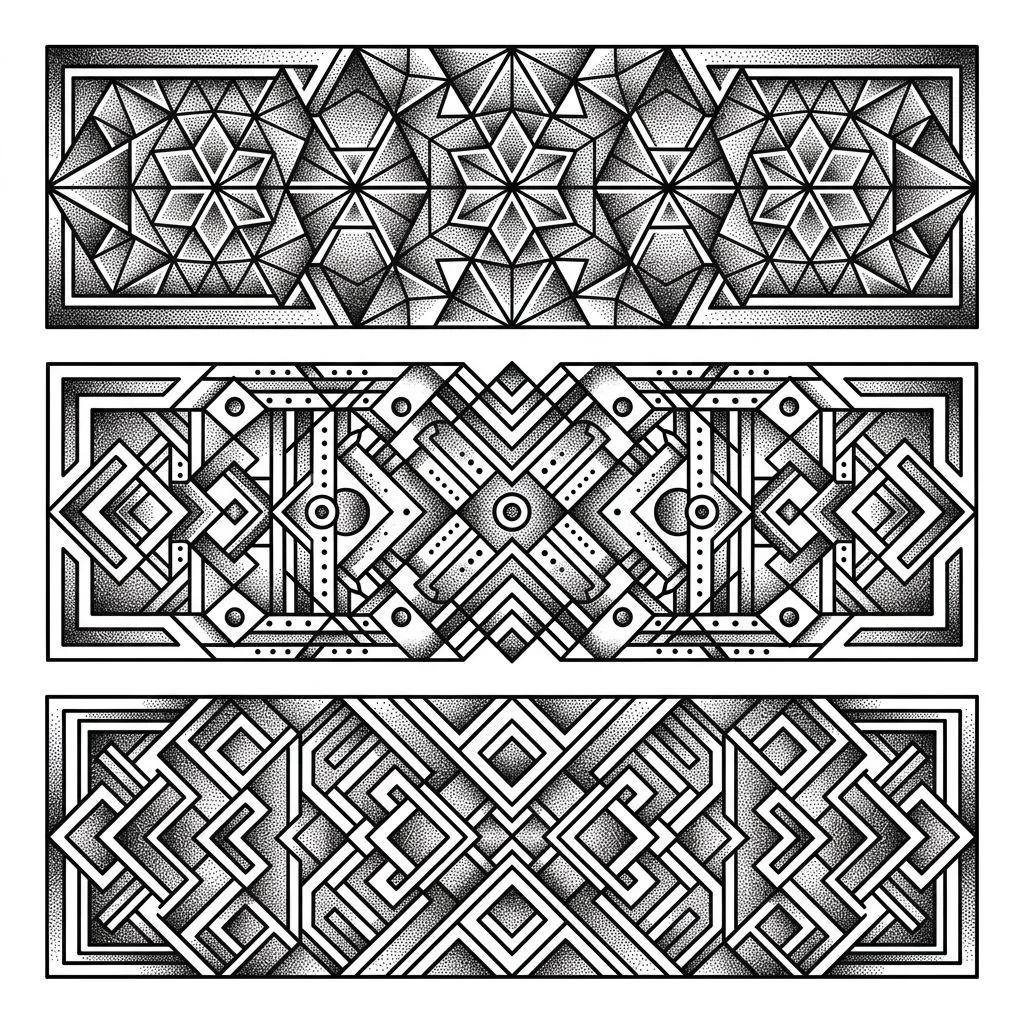 Three geometric tattoo bands with intricate patterns and black dotwork shading.