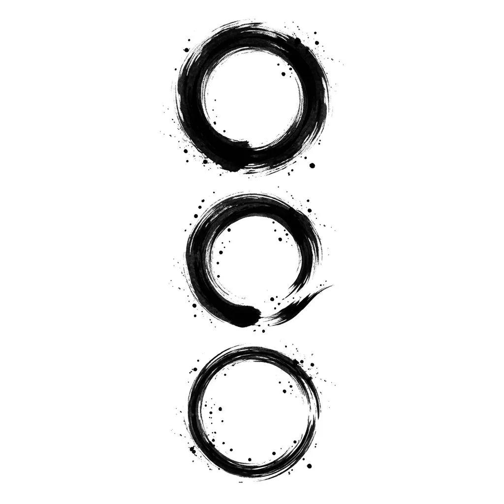 Tattoo design of three zen brush stroke circles with black ink splatters on white background.