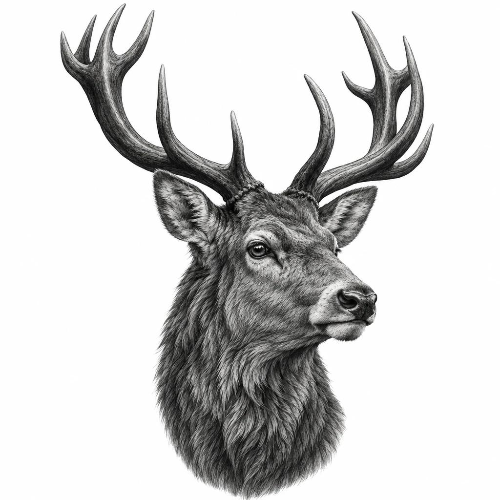 Realistic deer tattoo design, a stag head portrait with detailed fur and large branching antlers