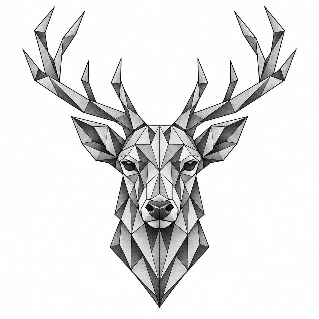 Geometric deer head tattoo design built from facets and straight lines