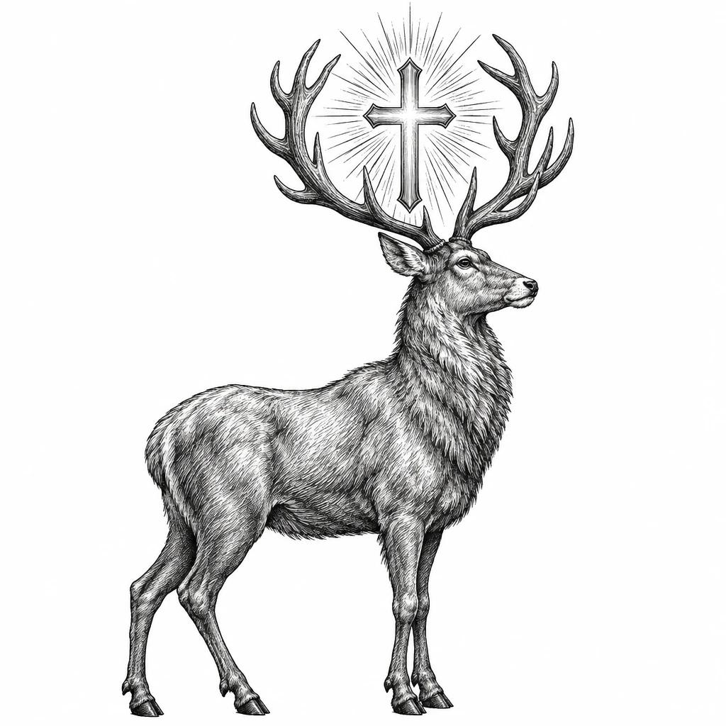Tattoo design of a stag in profile carrying a radiant cross between its antlers