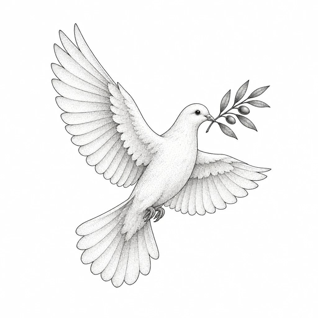 Dove tattoo design holding an olive branch in its beak, wings spread in flight