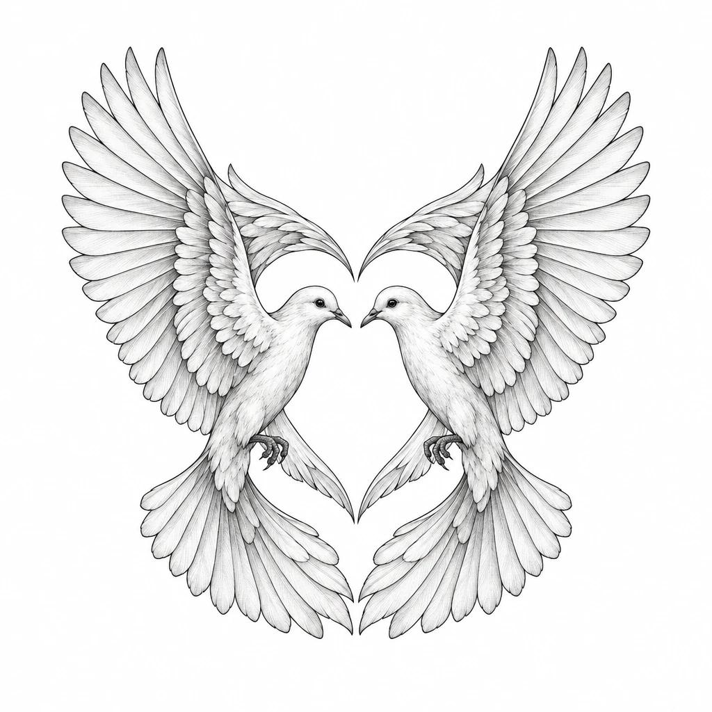 Tattoo design of two doves facing each other, their wings drawing a heart in negative space