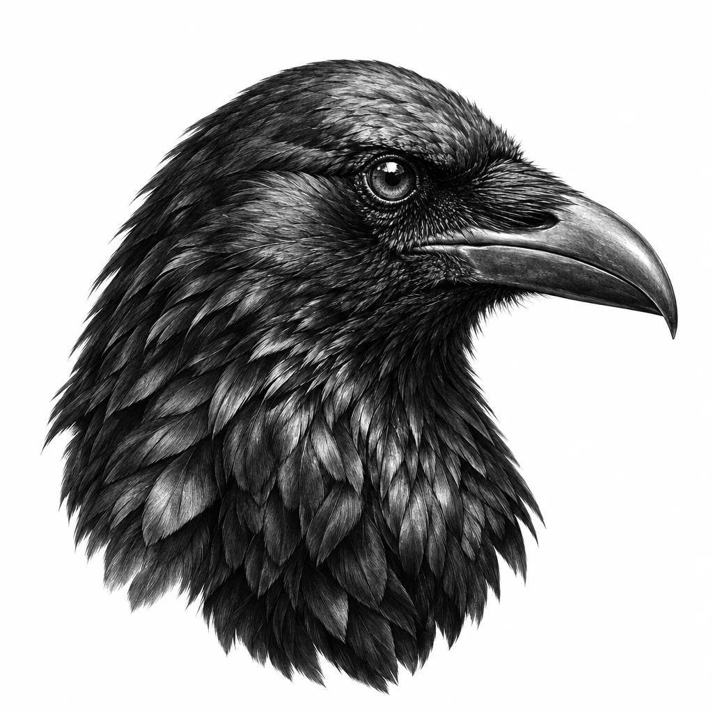Raven head tattoo design in black and grey realism, detailed feathers and a sharp eye