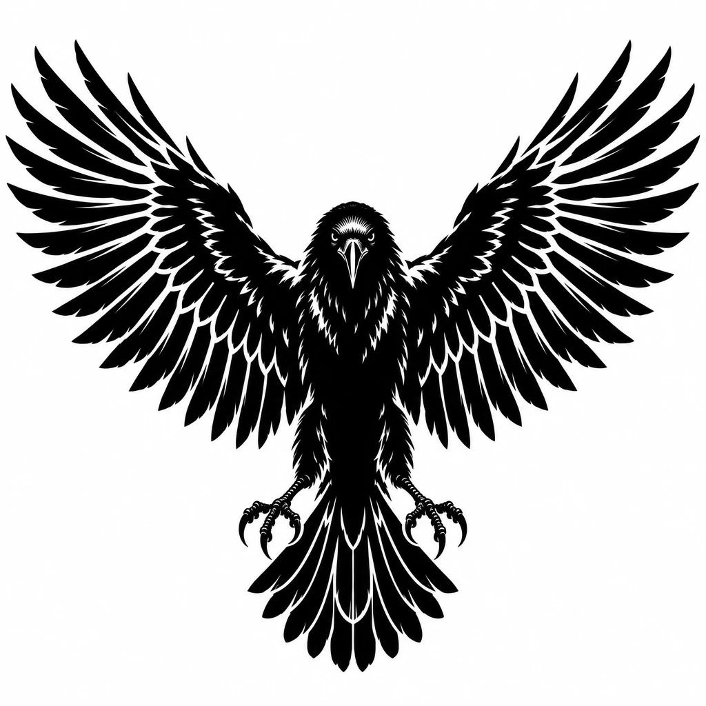 Blackwork raven tattoo design, a solid black silhouette with spread wings