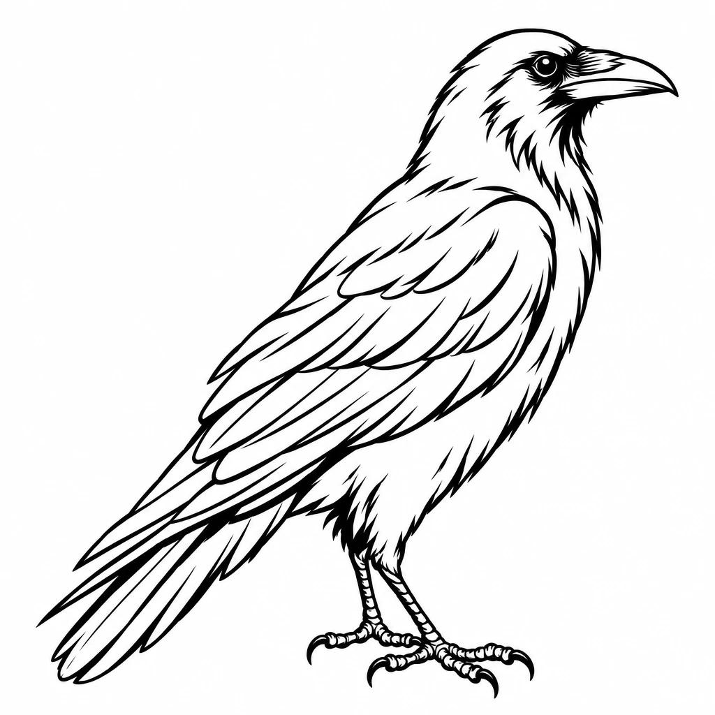 Fine-line raven tattoo design, the bird standing in profile with light feather linework