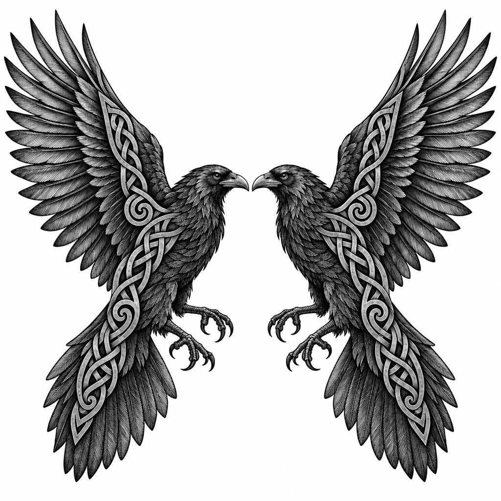 Tattoo design of two mirrored ravens with spread wings, decorated with Norse knotwork