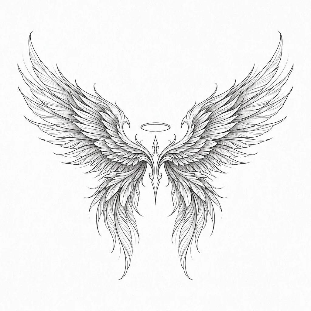 Fine-line symmetrical angel wings tattoo design with a halo on a white background.