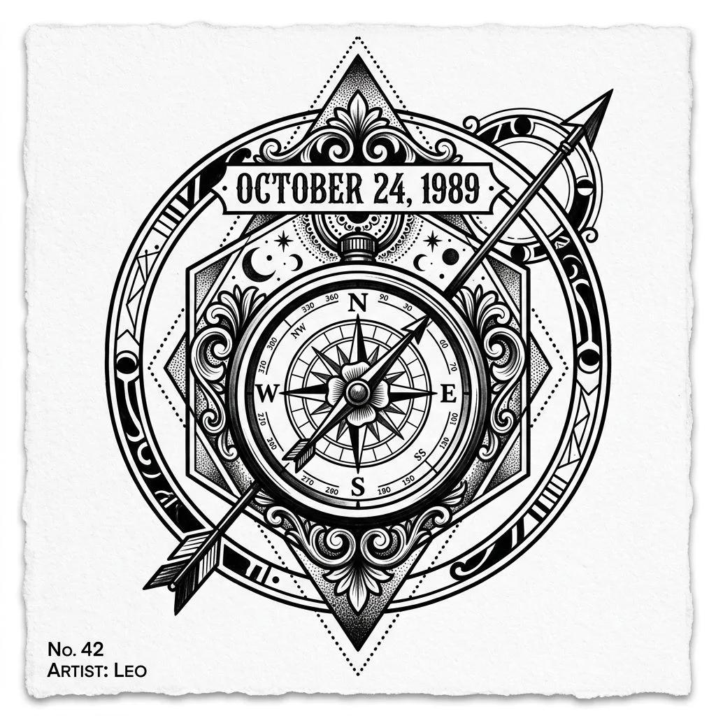 Vintage compass tattoo design with the date October 24, 1989, featuring blackwork and geometric accents.
