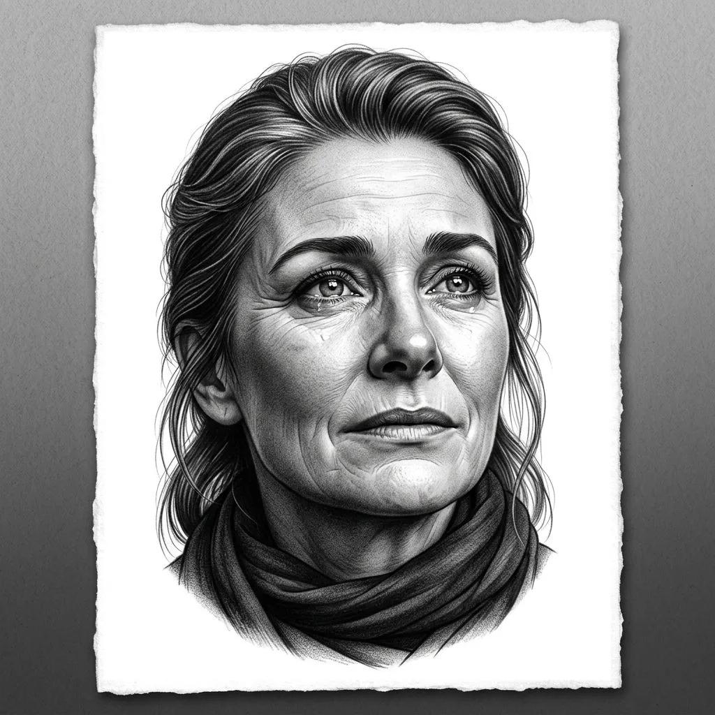 Realistic black and grey tattoo design of a woman's portrait with fine details on a white background.