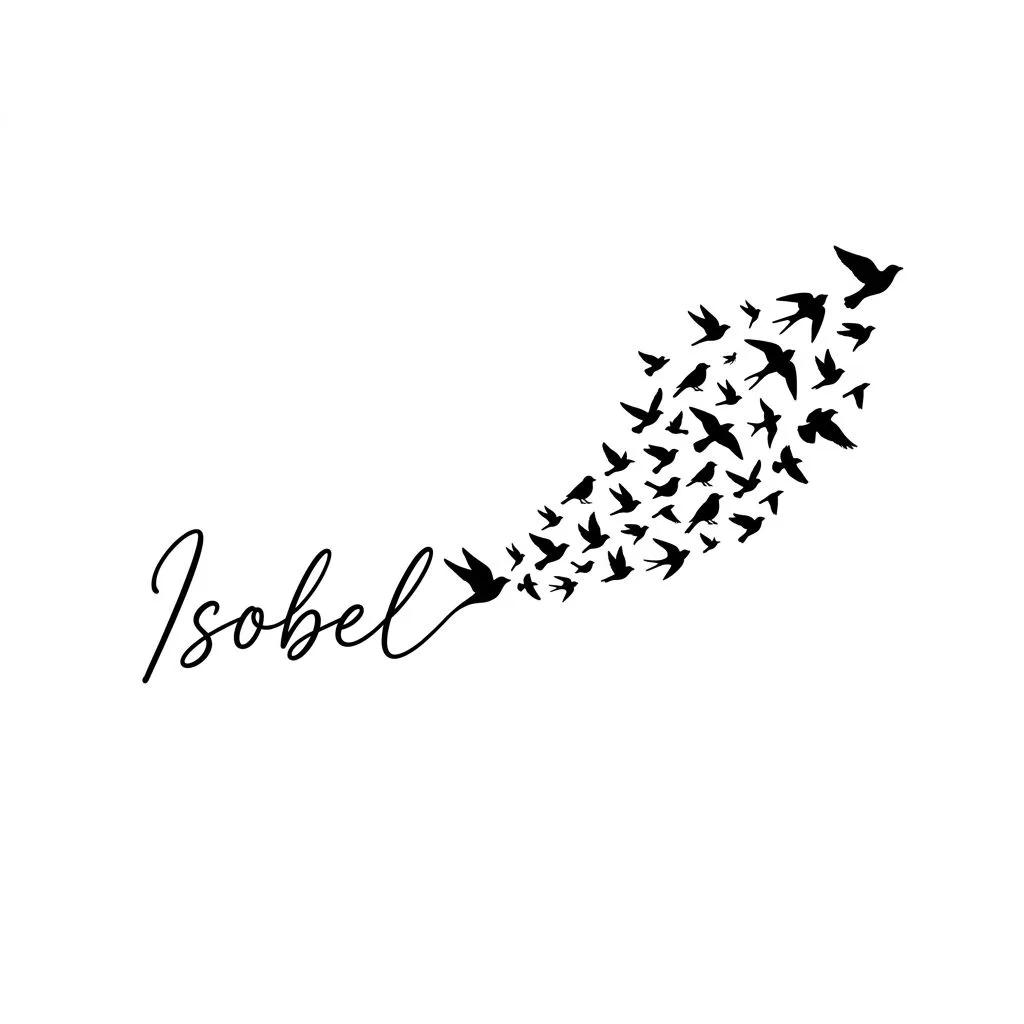 Minimalist tattoo design of a flock of birds flying out from the handwritten name Isobel.