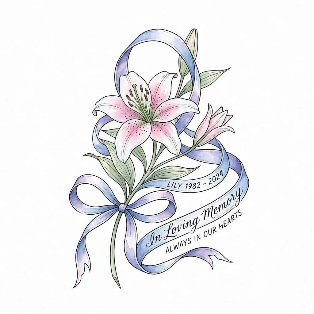 Tattoo design of a pink lily flower intertwined with a blue memorial ribbon and watercolor accents.