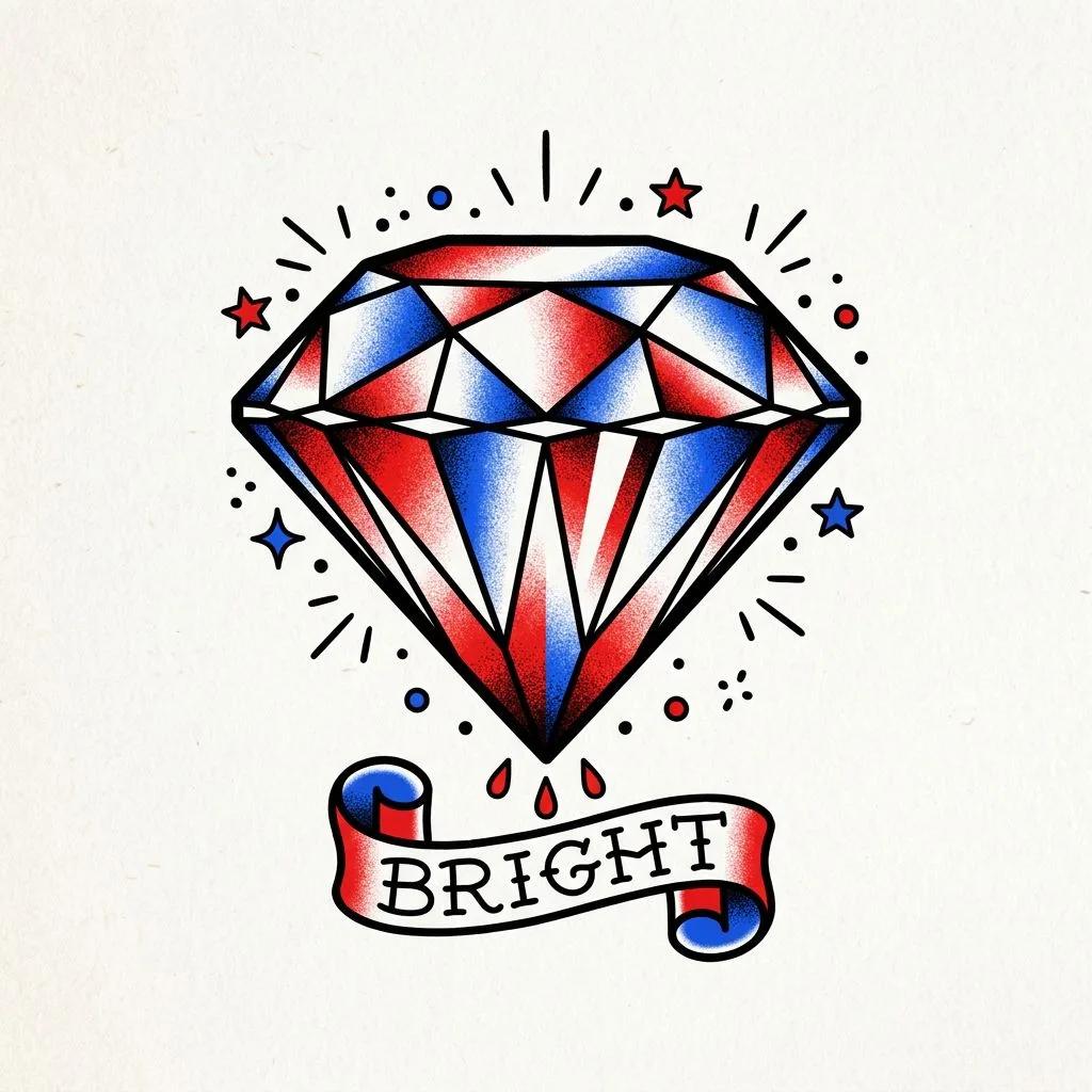 Traditional tattoo design of a red and blue faceted diamond with a 'Bright' banner and stars.