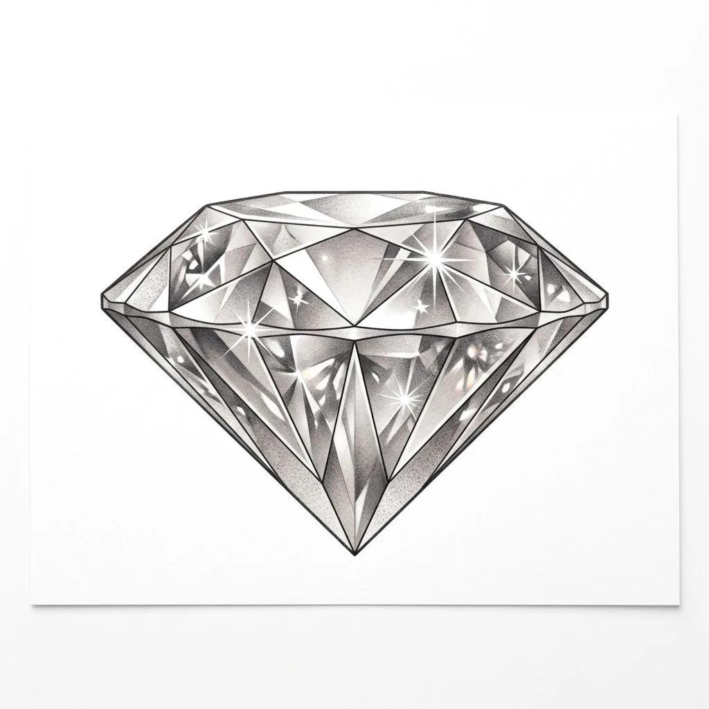 Realistic 3D diamond tattoo design with light sparkles and grey shading on a white background.