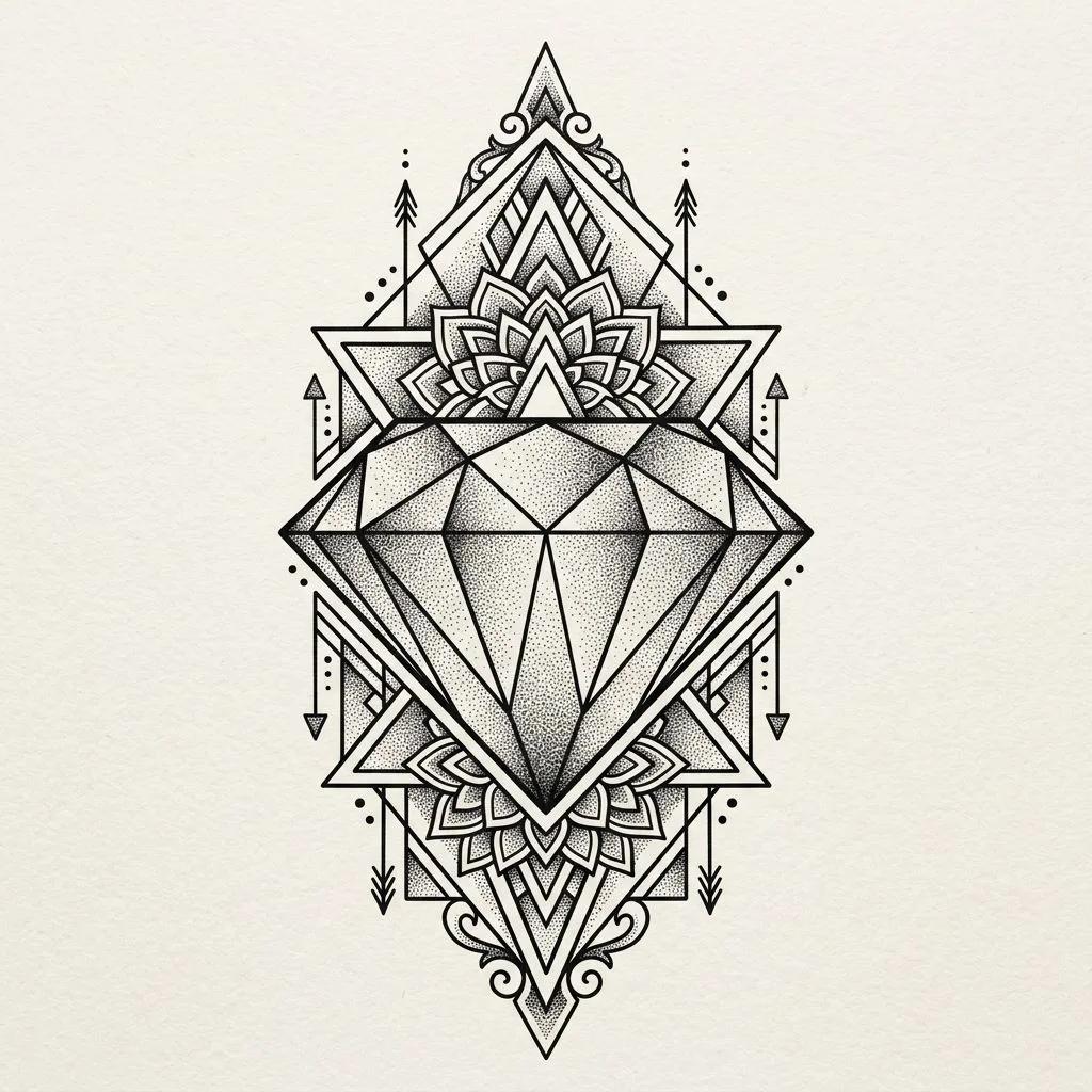Geometric diamond tattoo design with mandala and arrows in dotwork style on a white background.