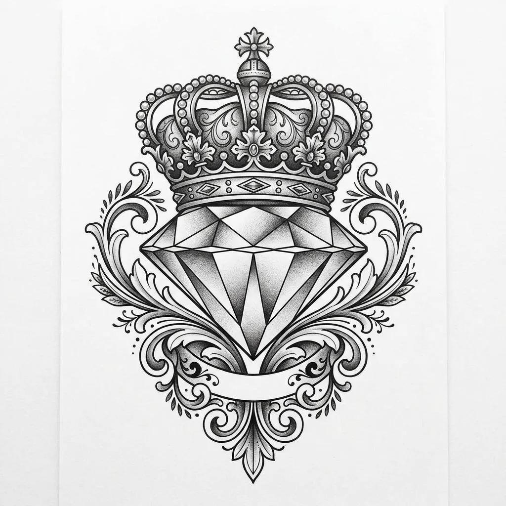 Black and grey tattoo design of a diamond with a royal crown and ornamental scrolls.