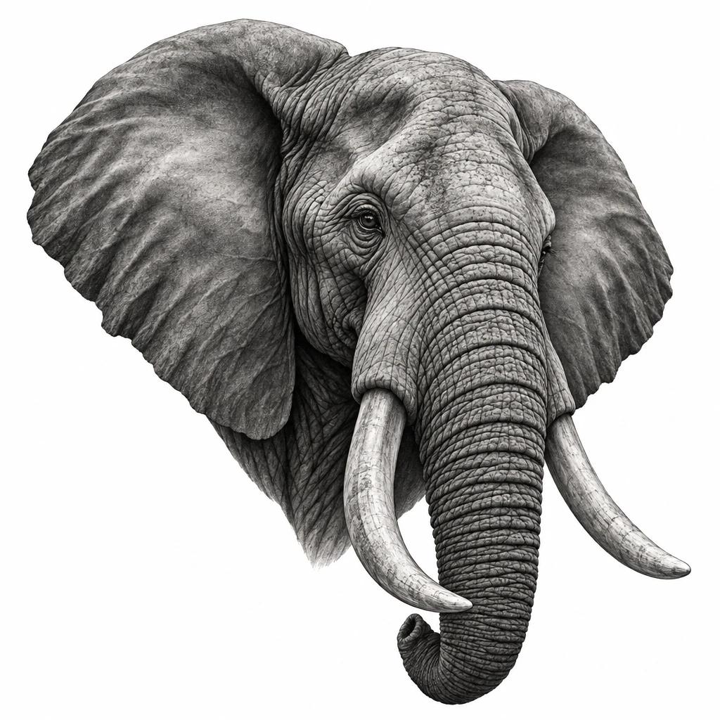 African elephant head tattoo design in black and grey realism, wrinkled skin and tusks