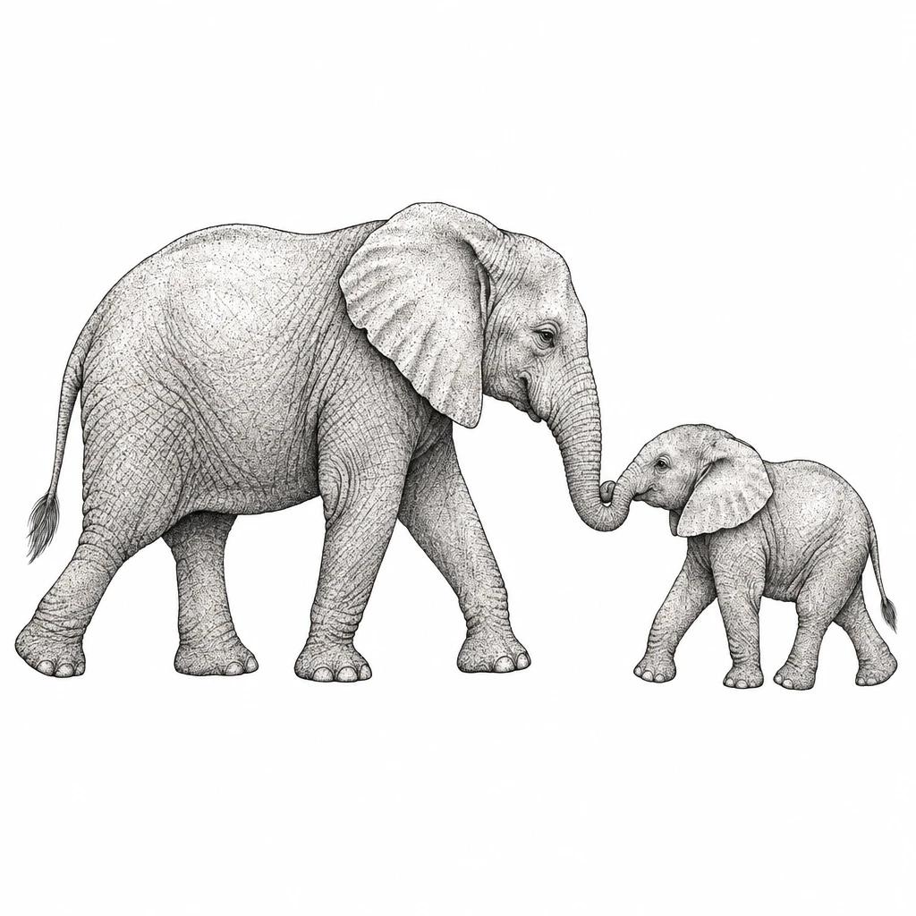 Tattoo design of a mother elephant and her calf walking side by side, trunks touching