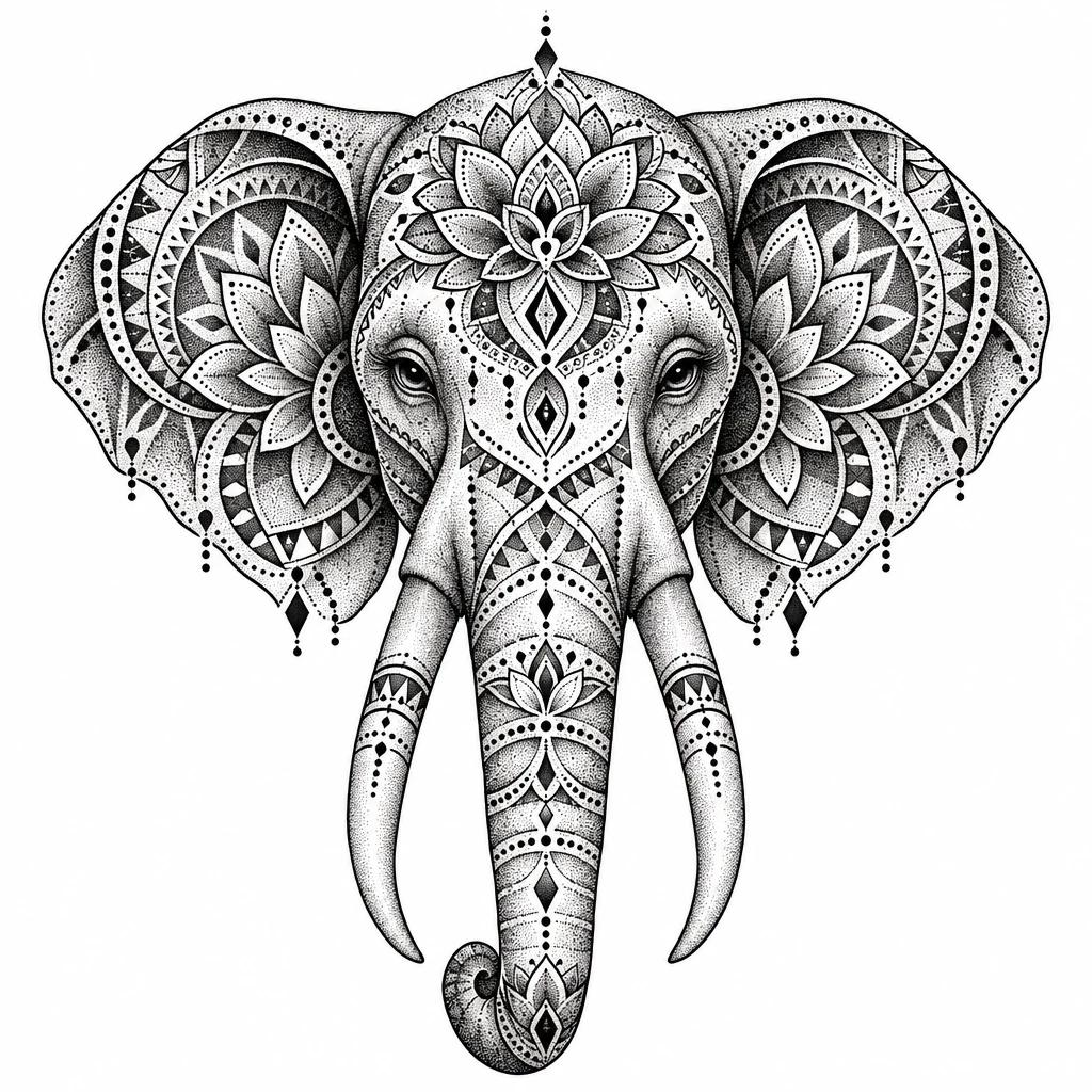Ornamental elephant head tattoo design with symmetrical dotwork mandala patterns