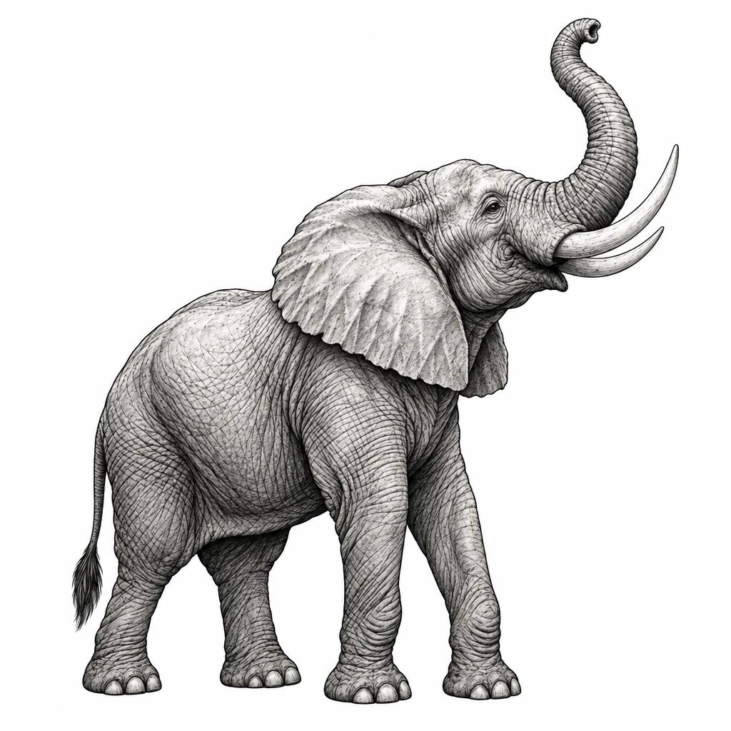 Tattoo design of an elephant in profile with its trunk raised upward, tusks visible
