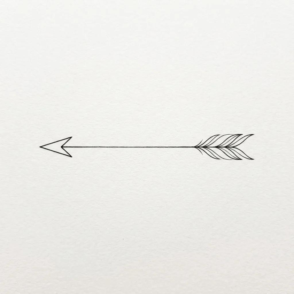 Minimalist fine-line arrow tattoo design in black ink on a white background.