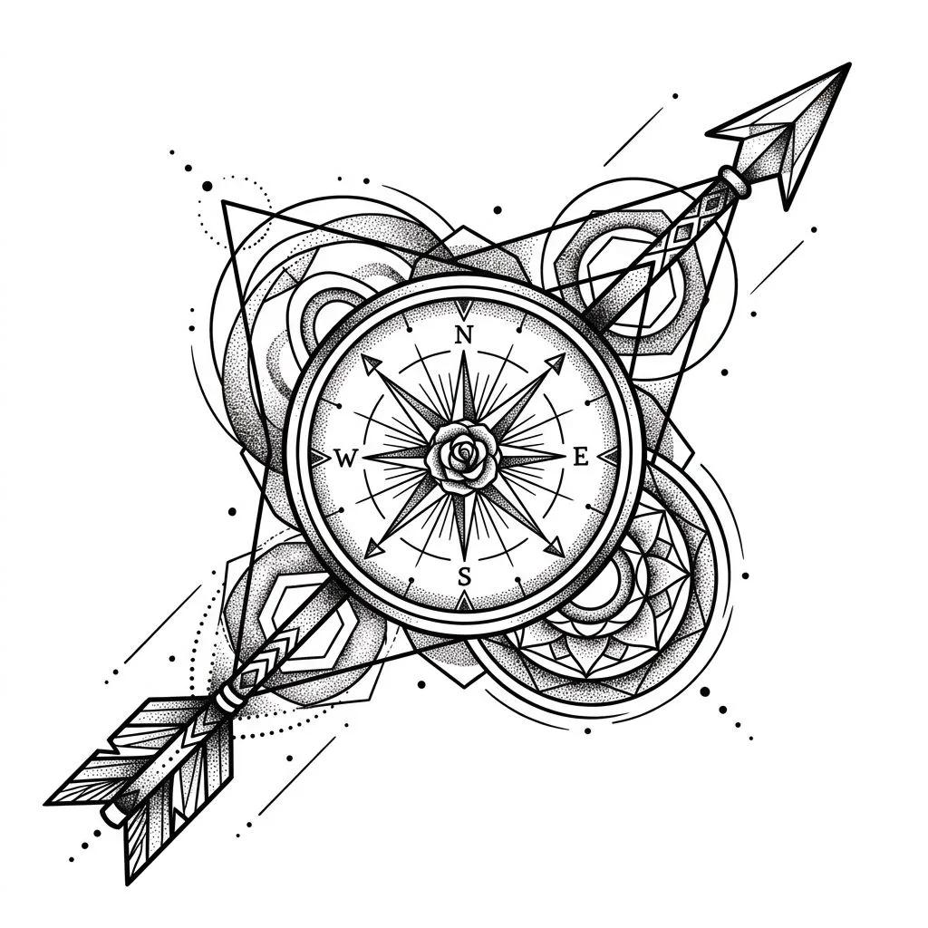 Tattoo design of a geometric compass and arrow with black ink dotwork shading.