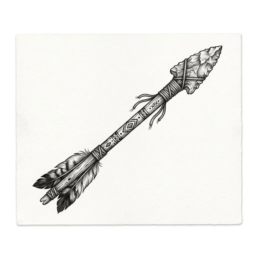 Native American arrow tattoo design with stone arrowhead, feathers, and geometric patterns, black and grey.