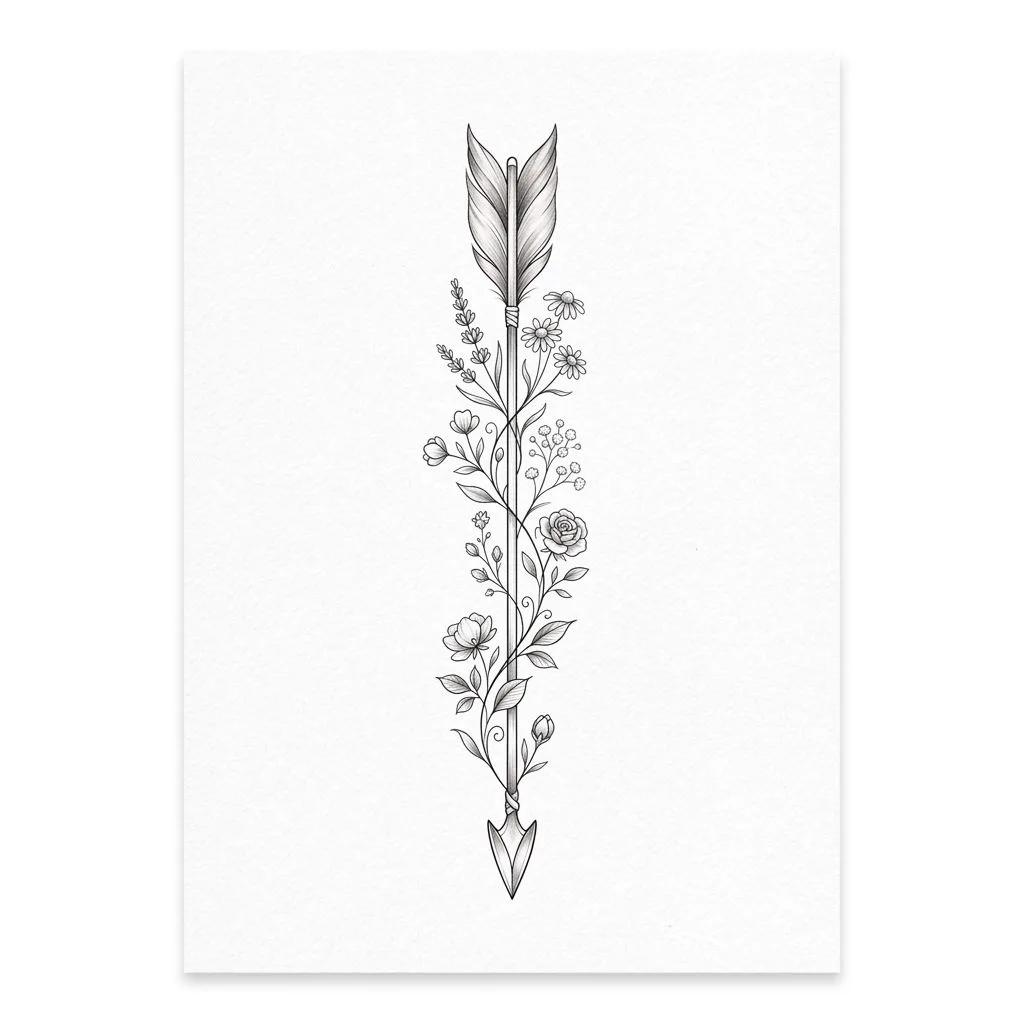 Tattoo design of an elegant arrow adorned with delicate wildflowers, minimalist style.