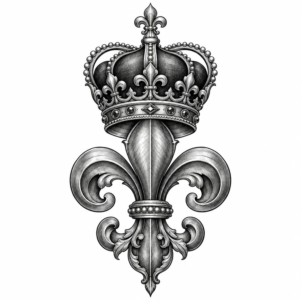 Fleur-de-lis tattoo design topped by an ornate royal crown