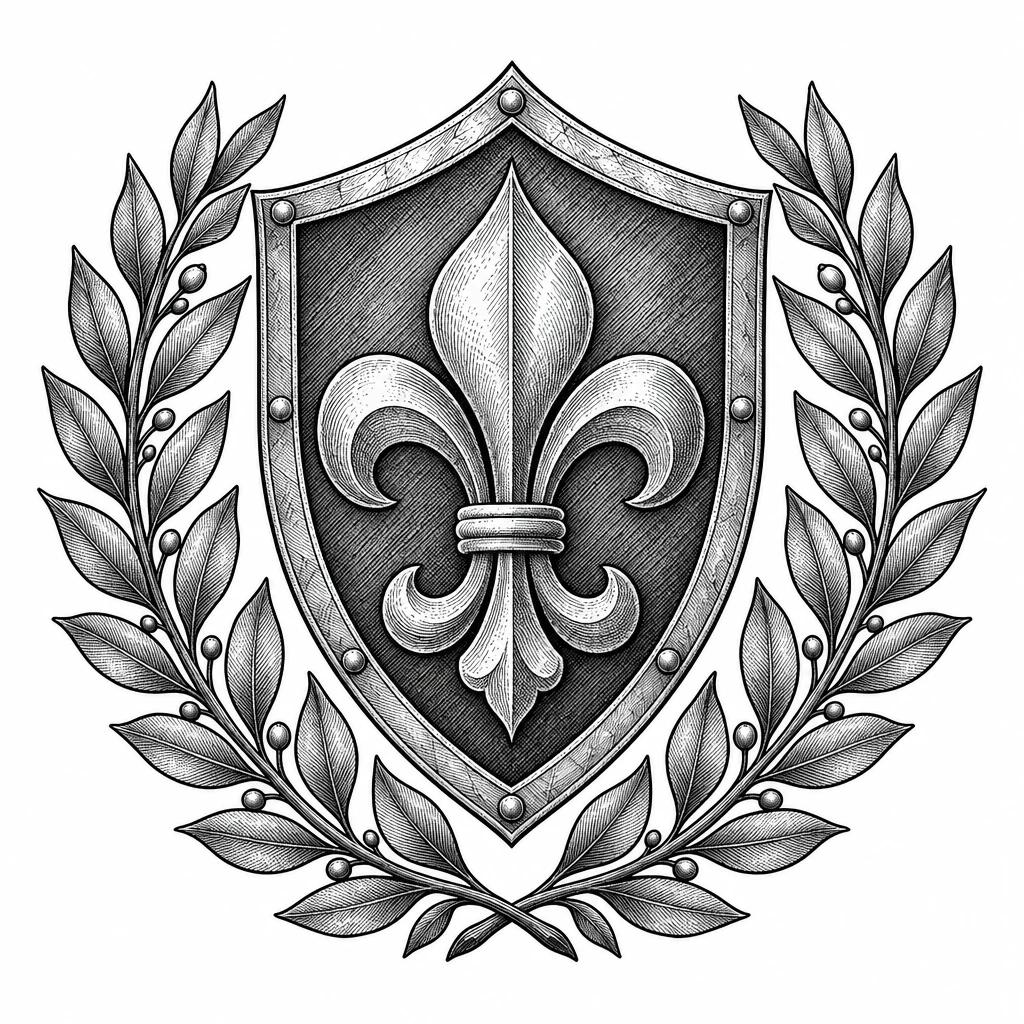 Coat of arms tattoo design: a fleur-de-lis on a heraldic shield framed by laurel branches
