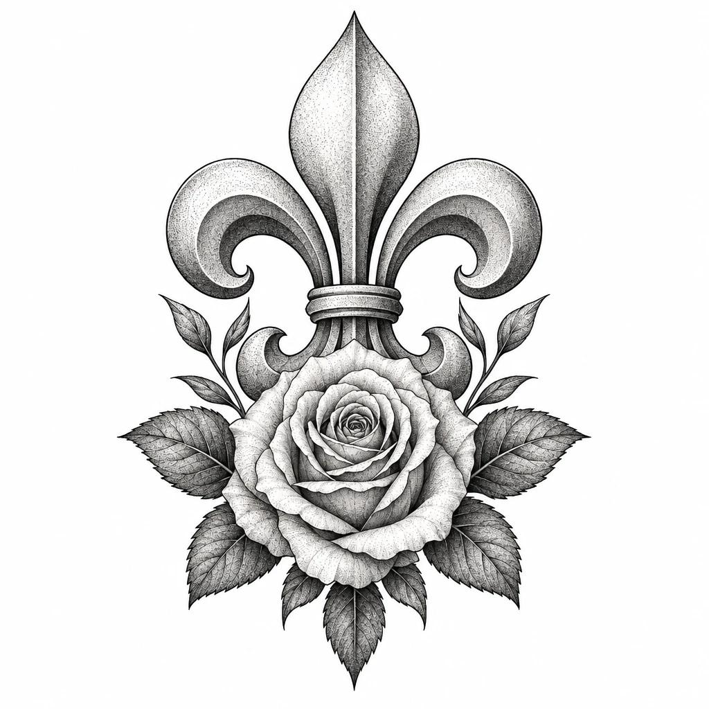Tattoo design combining a fleur-de-lis with a blooming rose at its base and foliage