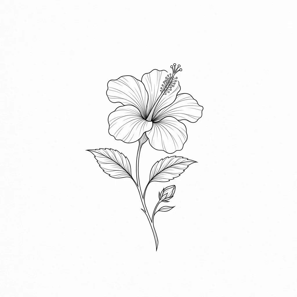 Fine-line hibiscus flower tattoo design with delicate black ink on a plain white background.