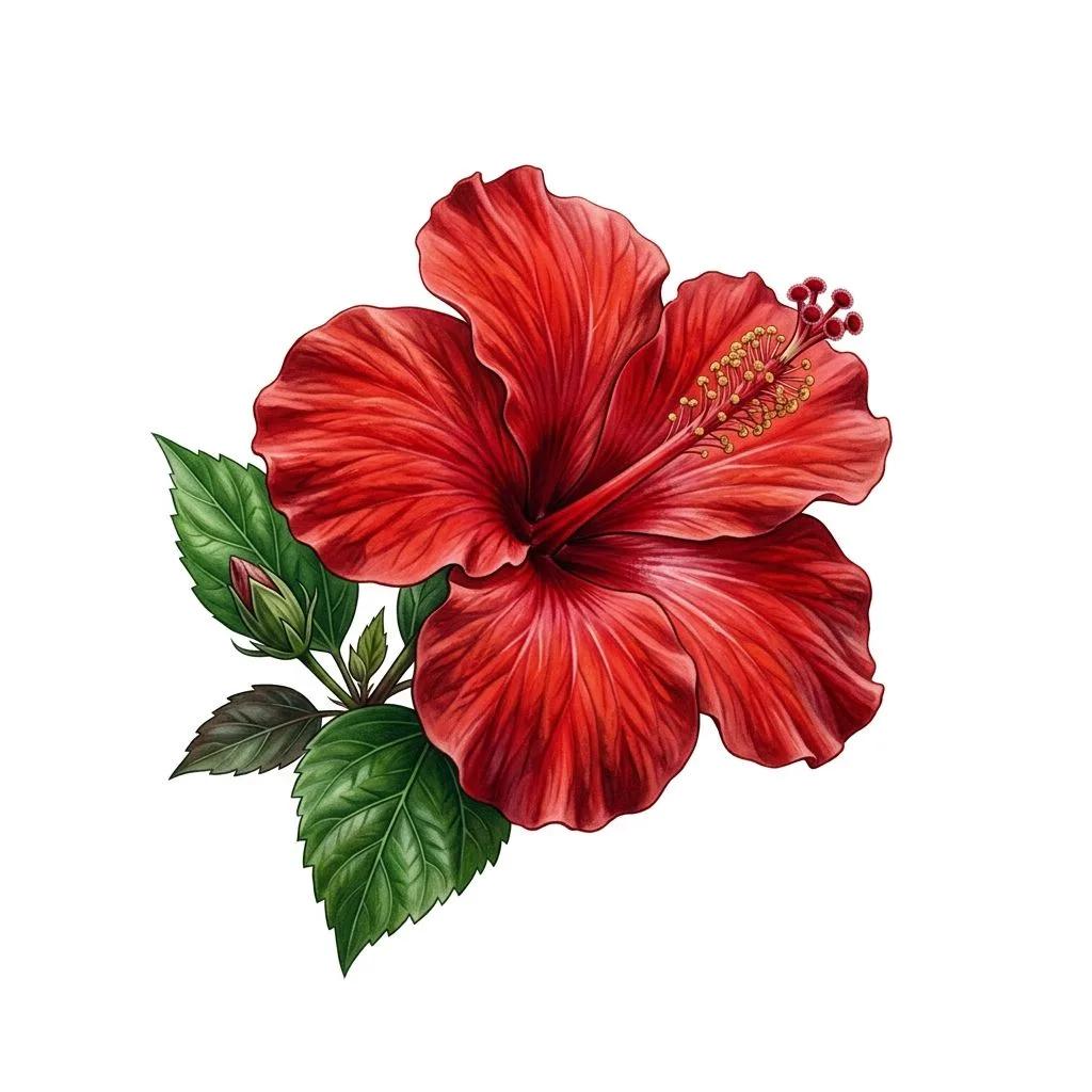 Realistic red hibiscus tattoo design with green leaves on white background.