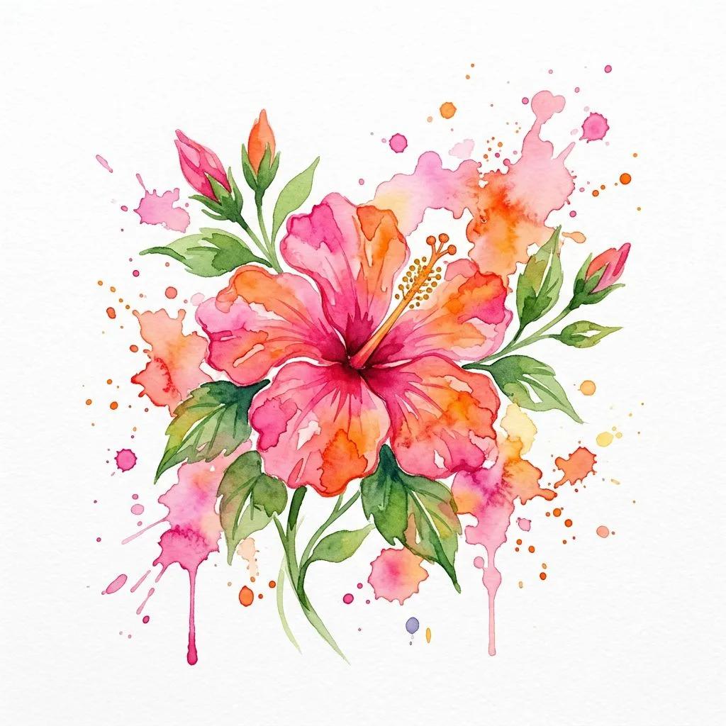 Watercolor hibiscus tattoo design with pink and orange splashes on a white background.