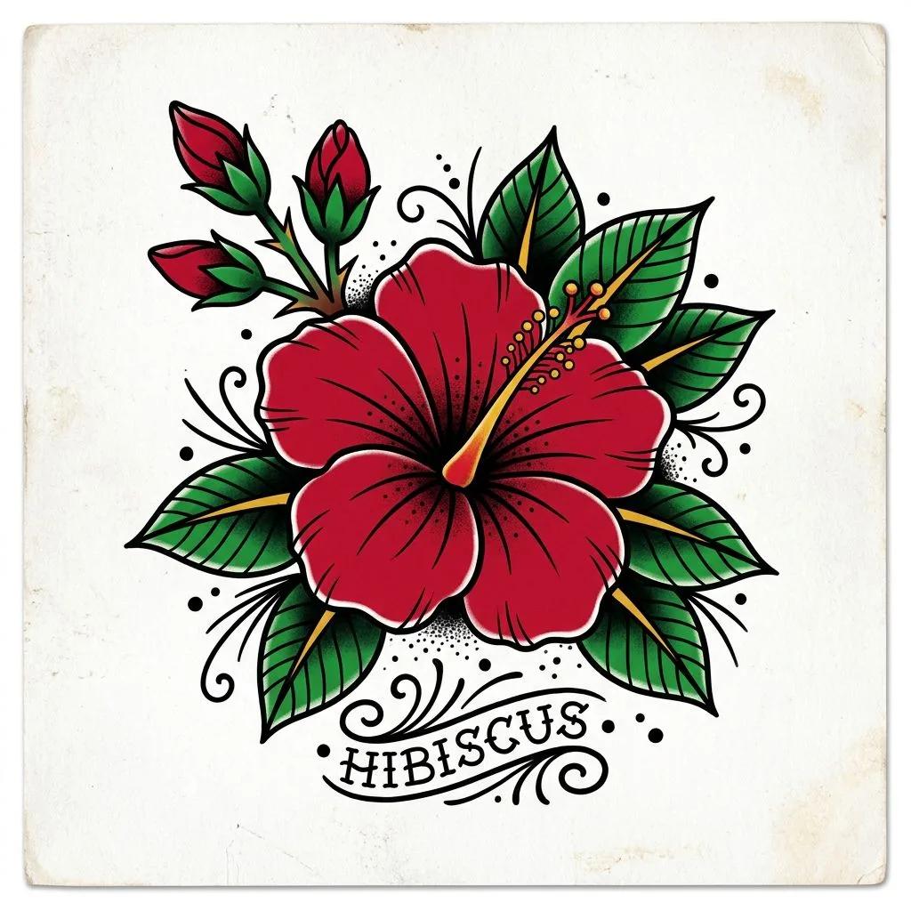 Old-school tattoo design of a red hibiscus flower with green leaves and buds.