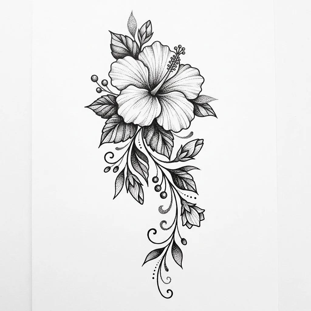 Hibiscus tattoo design in dotwork with leaves and swirls on a white background.