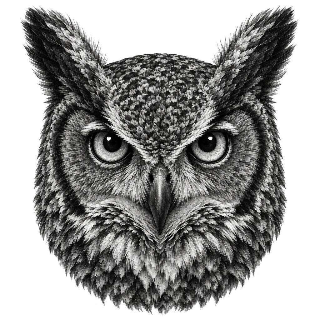 Front-facing owl head tattoo design in black and grey realism, large eyes and ear tufts