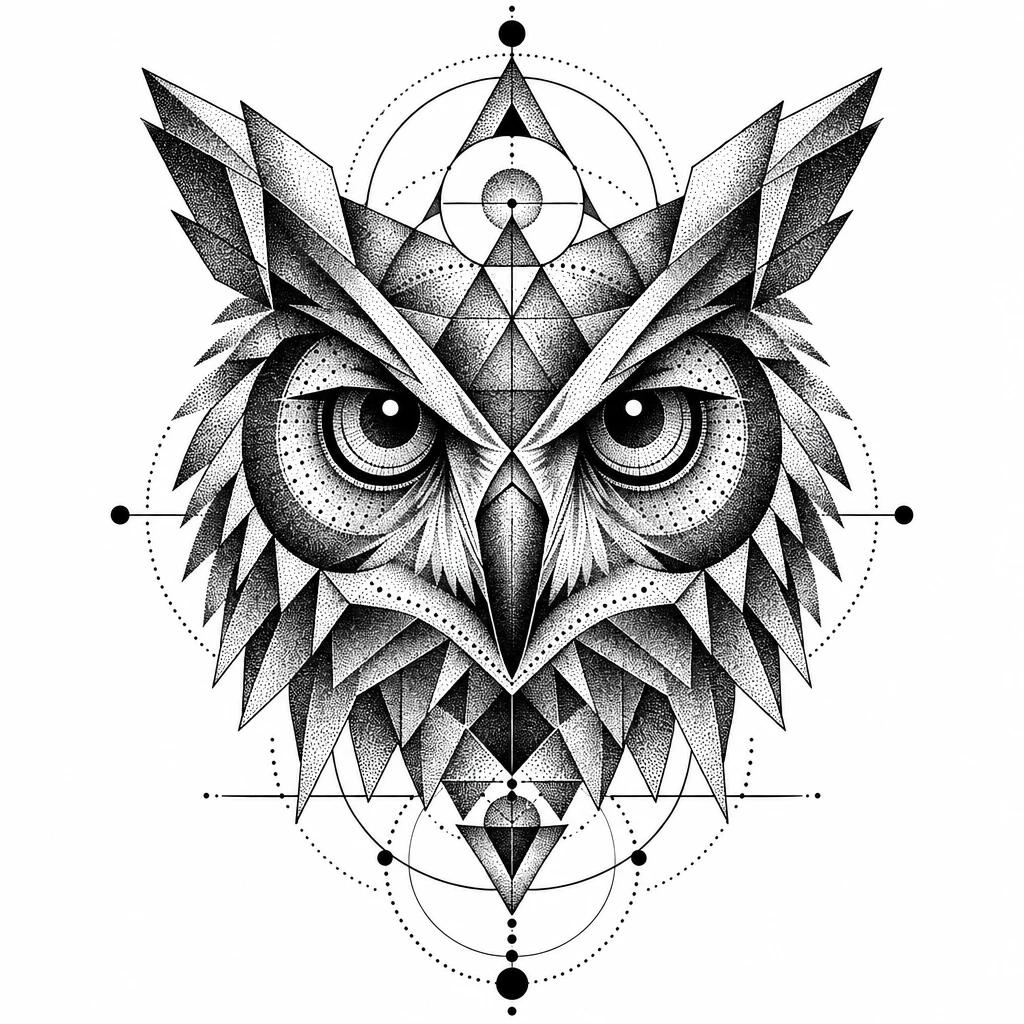 Geometric owl head tattoo design, triangles and circles in symmetrical dotwork