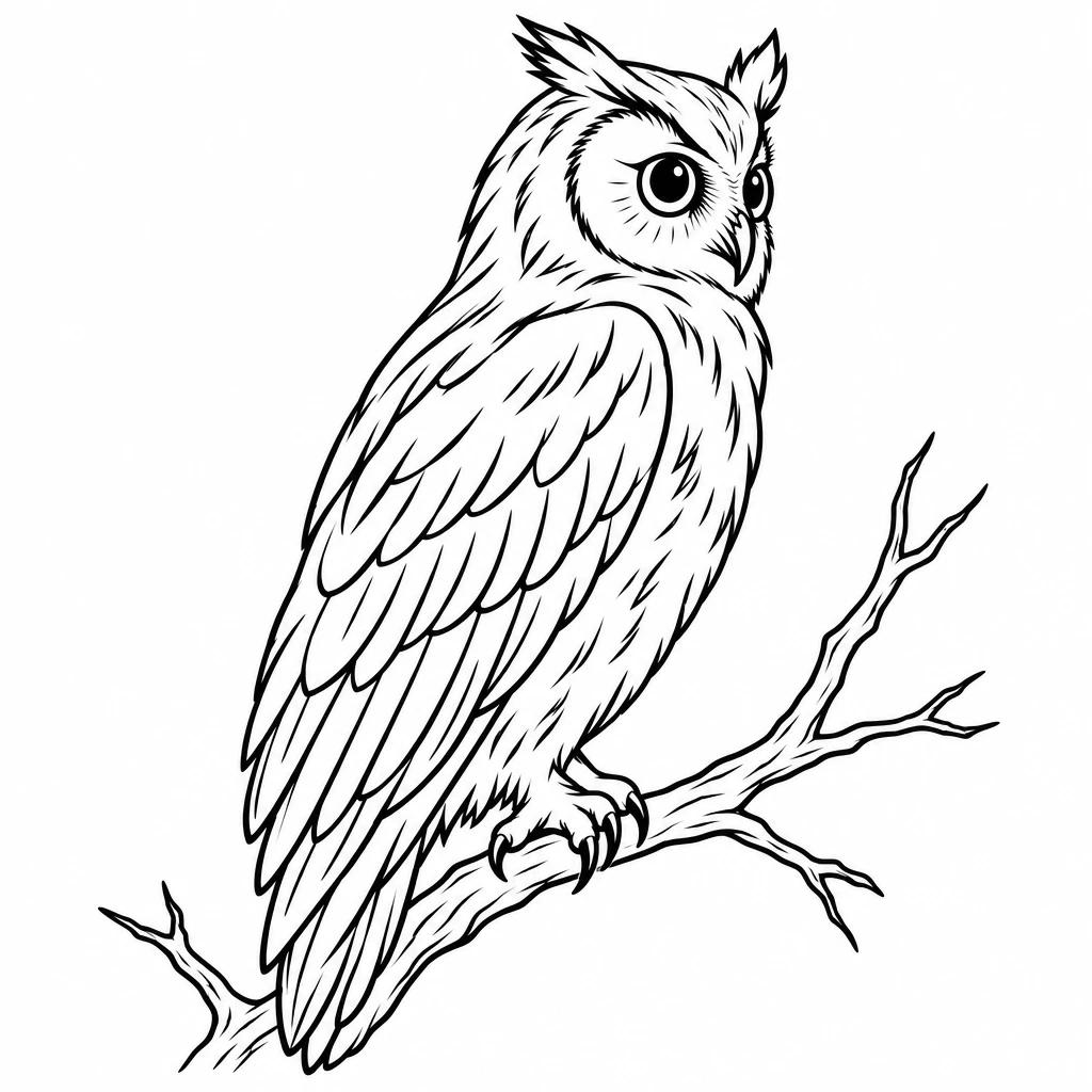 Fine-line owl tattoo design perched on a thin bare branch, seen from the side